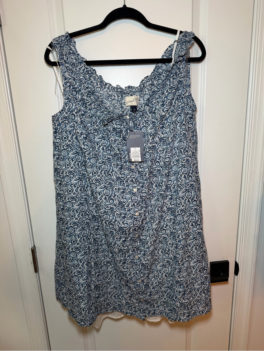 Sleeveless Blue Floral Button-Front Cotton dress